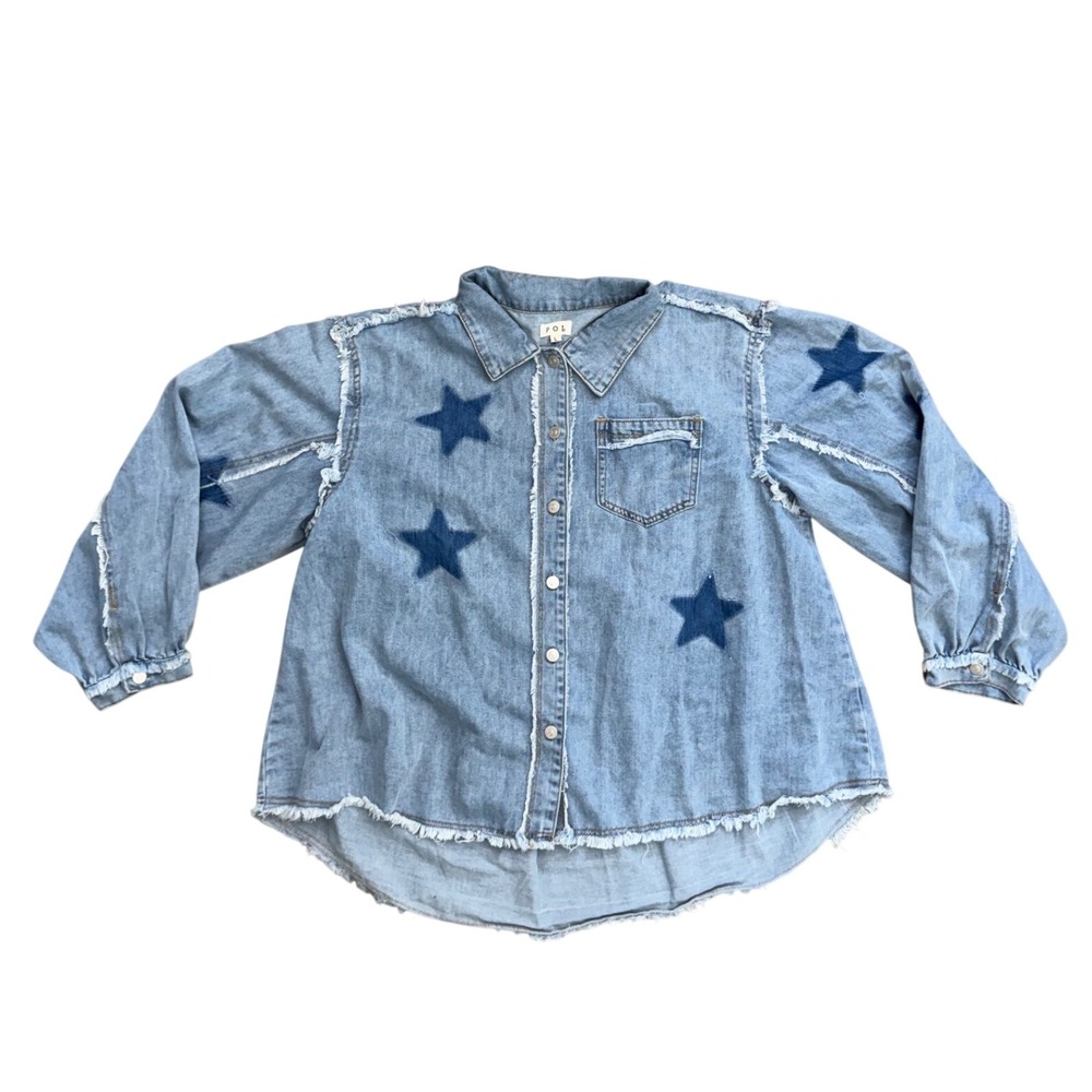 POL Star Patch Raw Hem Denim Shirt Jacket Light Wash Blue Large boho preppy - Picture 2 of 8